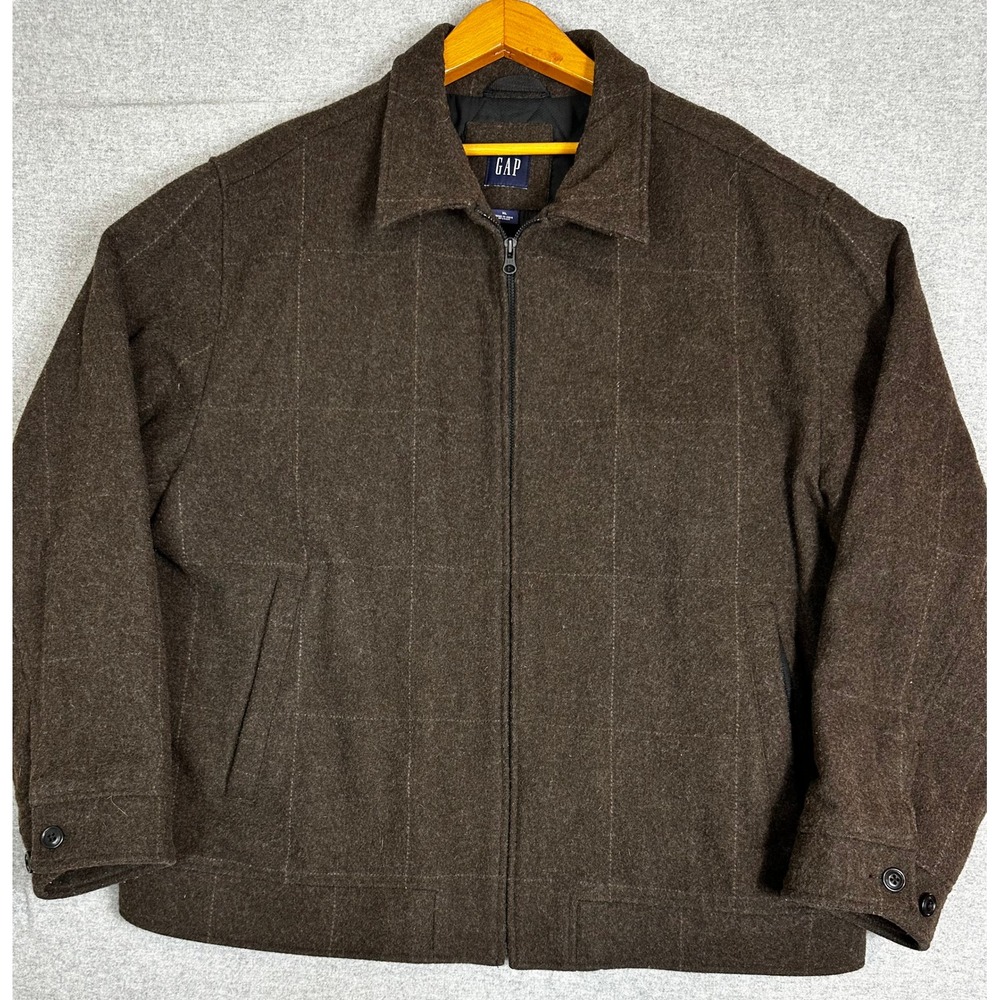 Vintage Y2K Gap Quilted Coat XL Brown Windowpane Heavy Wool Blend Chore Barn‎